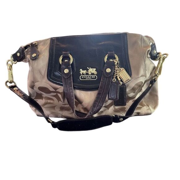 Coach Madison Audrey Satchel Beige/Brown Canvas Patent Leather Bag - Picture 2 of 13